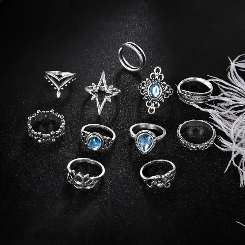11-Pieces: Vintage Synthetic Gemstone Ring Set