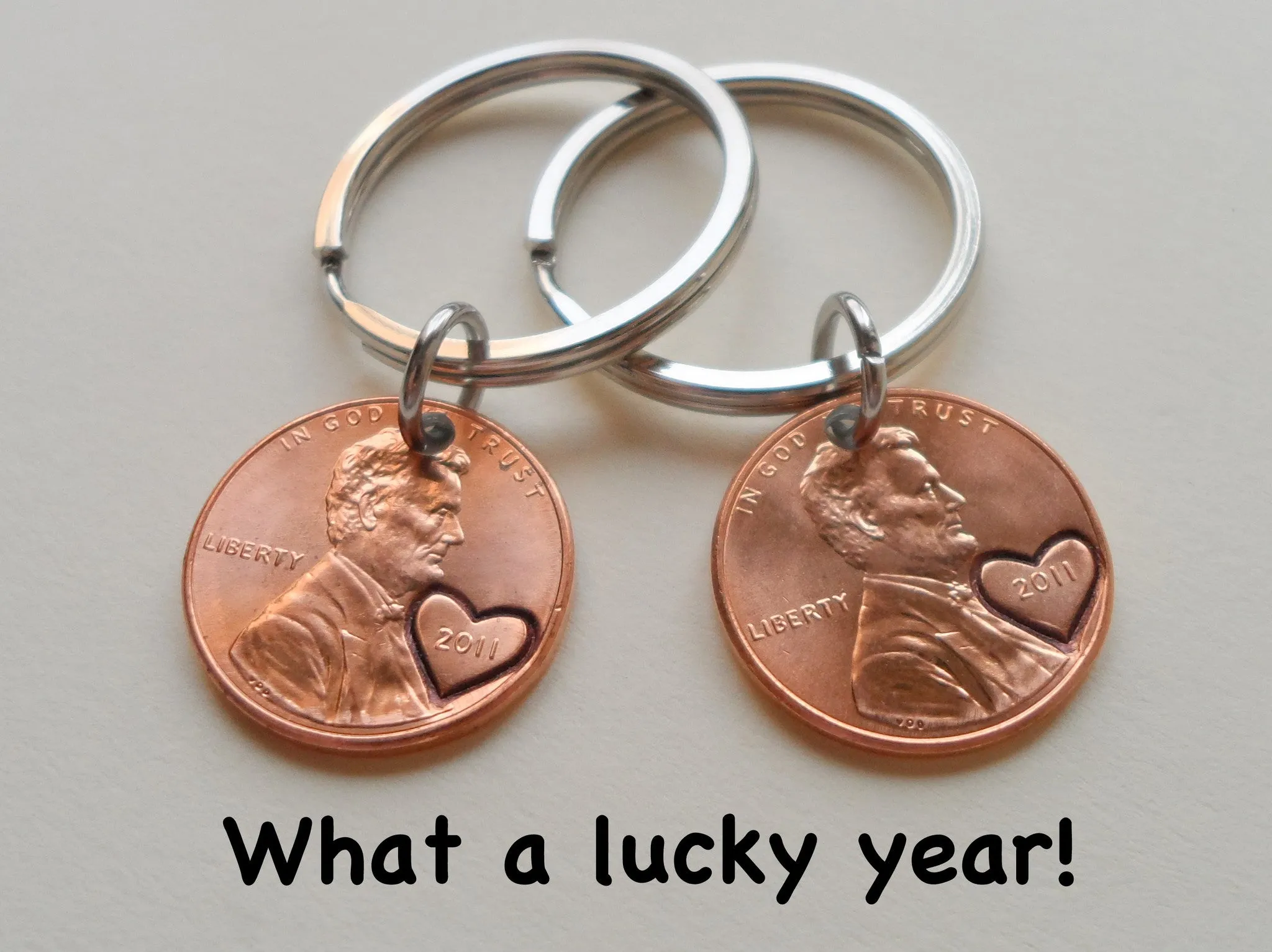 11 Year Anniversary Gift | Double Keychain Set 2011 Penny Keychains w/ Heart Around Year & Engraved by Jewelry Everyday