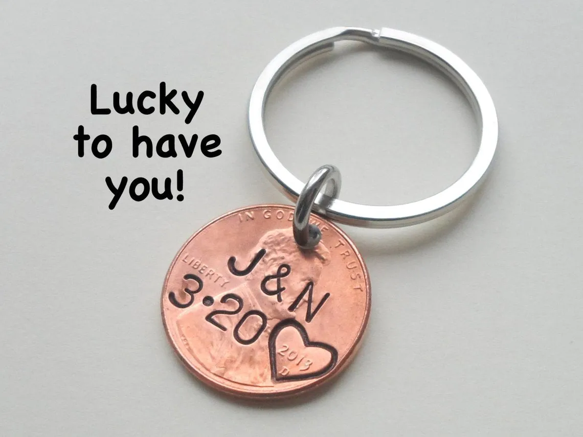11 Year Anniversary Gift | Double Keychain Set 2011 Penny Keychains w/ Heart Around Year & Engraved by Jewelry Everyday