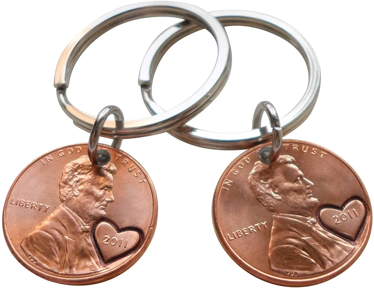 11 Year Anniversary Gift | Double Keychain Set 2011 Penny Keychains w/ Heart Around Year & Engraved by Jewelry Everyday