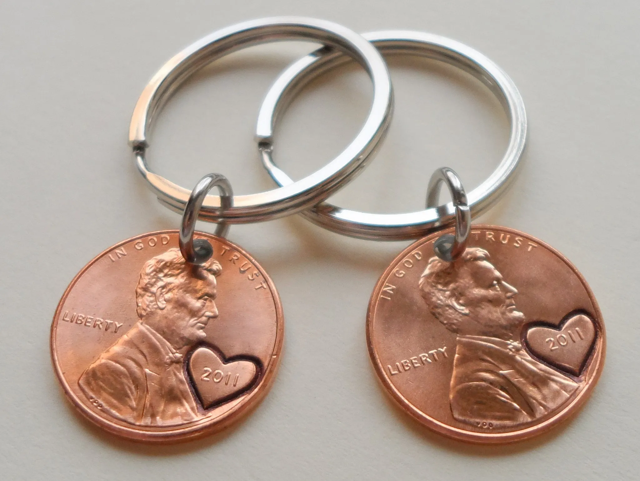 11 Year Anniversary Gift | Double Keychain Set 2011 Penny Keychains w/ Heart Around Year & Engraved by Jewelry Everyday