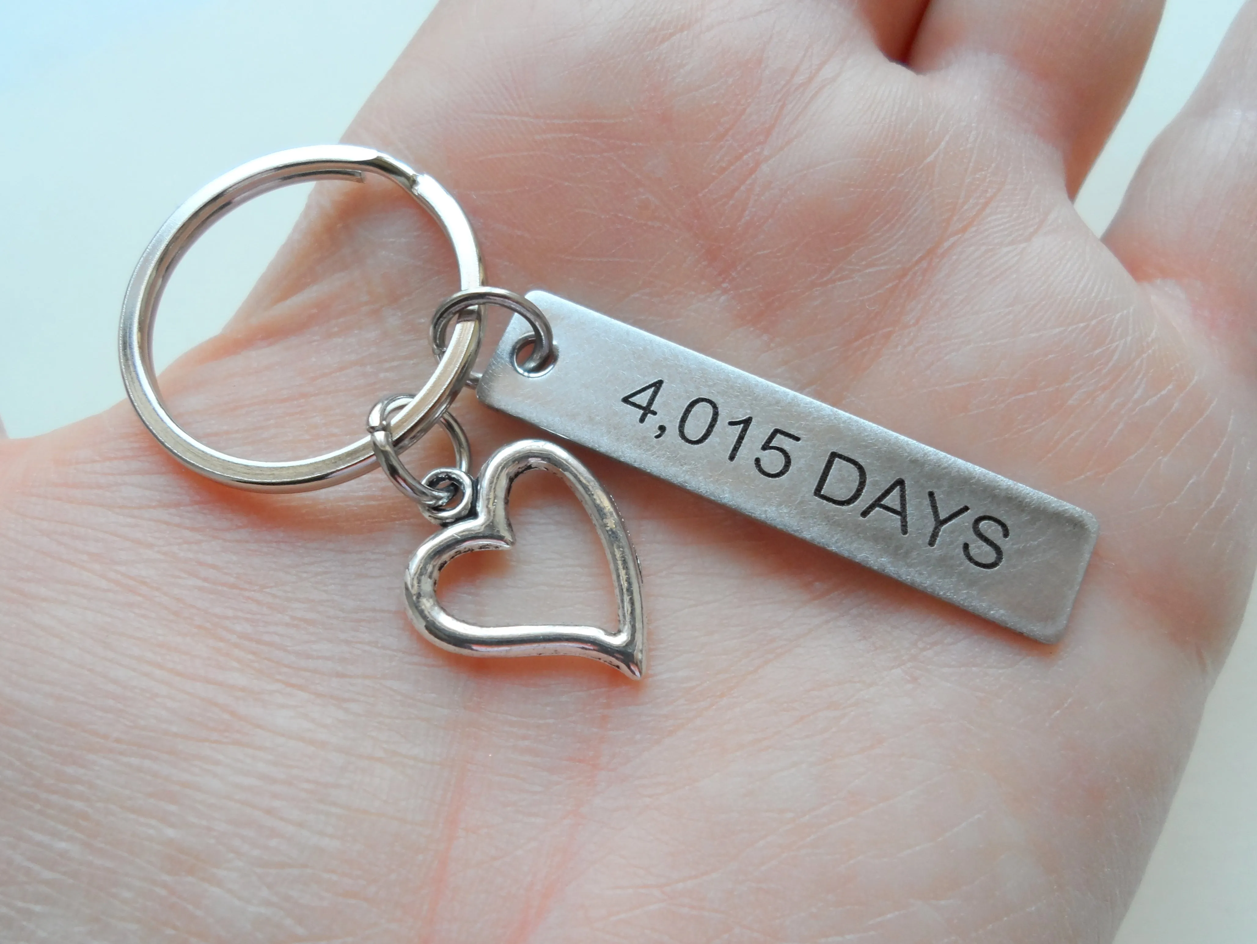 11 Year Anniversary Gift • Stainless Steel Tag Keychain Engraved w/ "4,015 Days" w/ Heart Charm by Jewelry Everyday