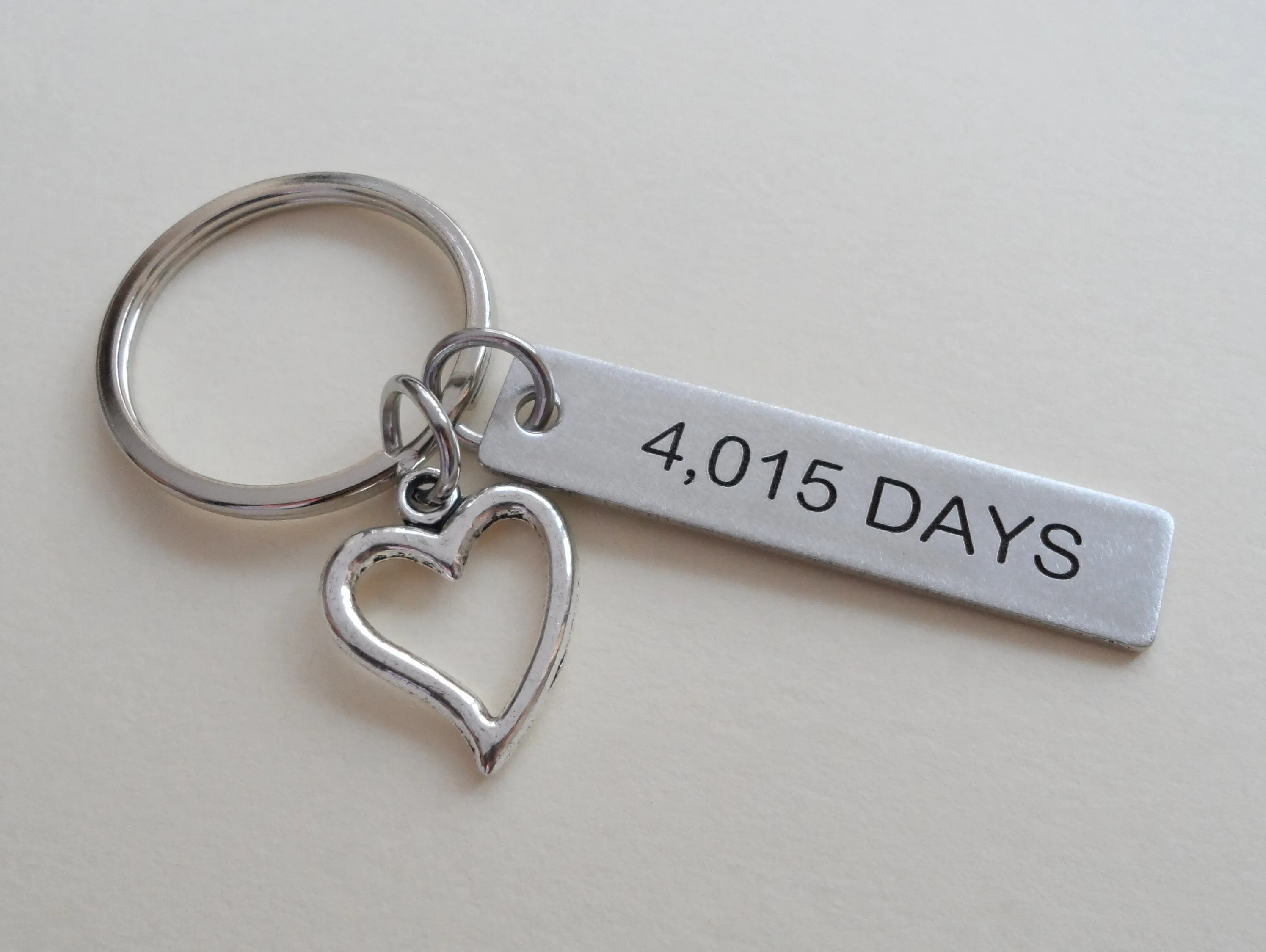 11 Year Anniversary Gift • Stainless Steel Tag Keychain Engraved w/ "4,015 Days" w/ Heart Charm by Jewelry Everyday