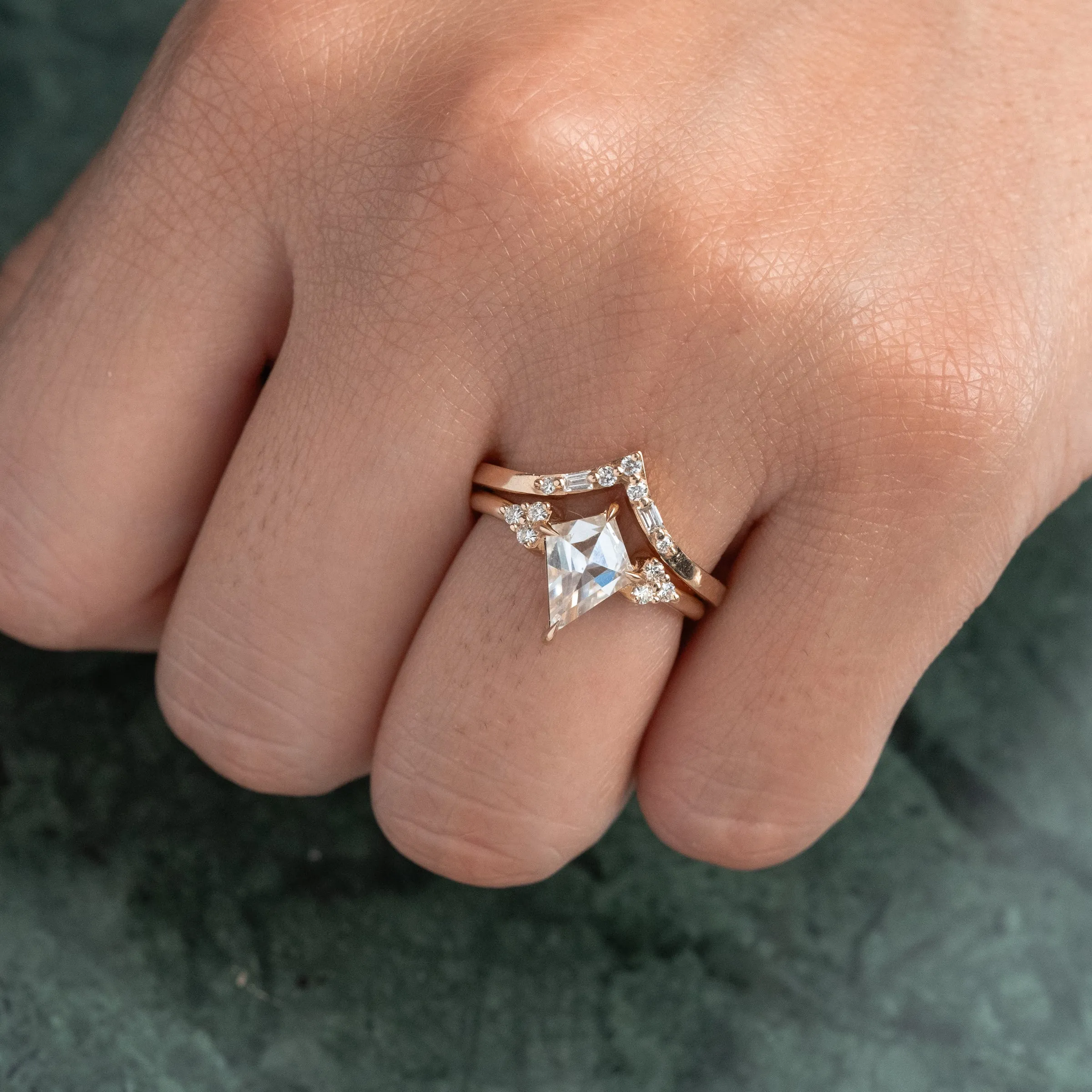 1.36 Carat Kite Moissanite and Diamond Engagement Ring, Quinn Setting, 14K Rose Gold