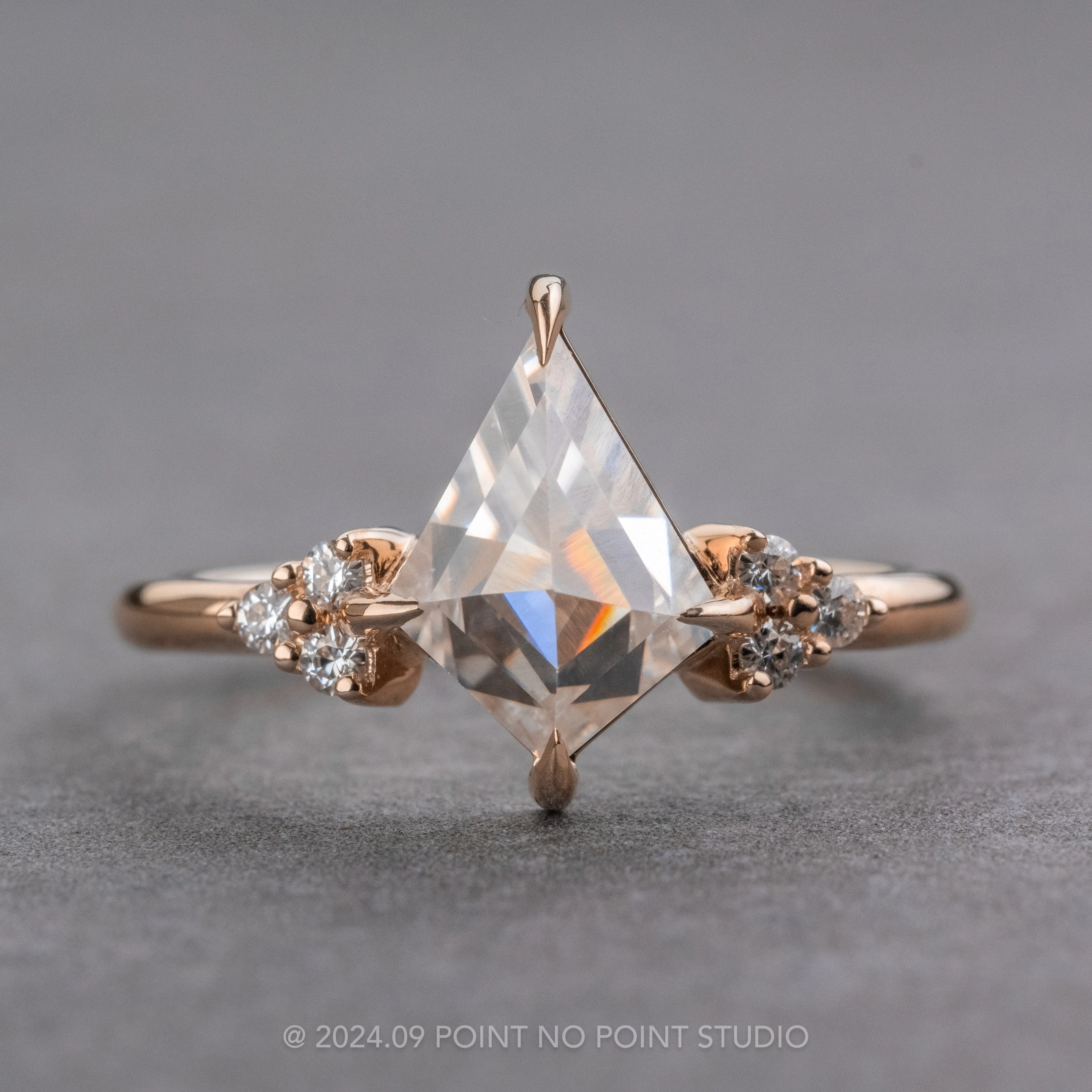 1.36 Carat Kite Moissanite and Diamond Engagement Ring, Quinn Setting, 14K Rose Gold