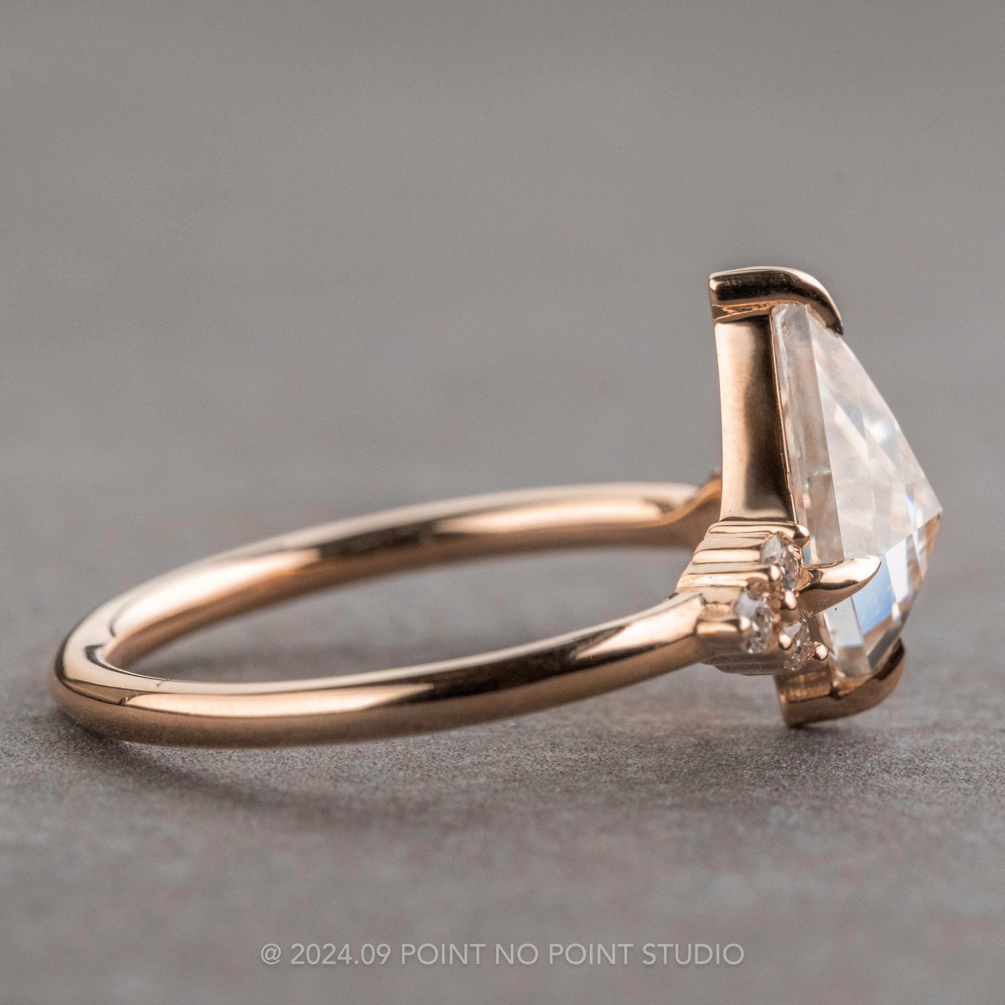 1.36 Carat Kite Moissanite and Diamond Engagement Ring, Quinn Setting, 14K Rose Gold