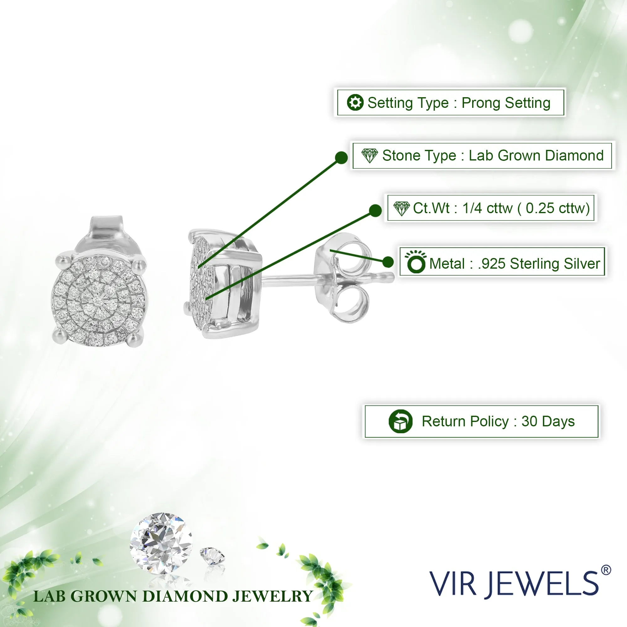 1/4 cttw Lab Grown Halo Diamond Stud Earrings in Sterling Silver