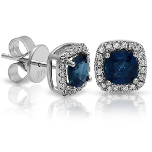 1.42 Ct. Sapphire Cushion Stud Earrings with Round Diamonds on a 14k White Gold Halo Setting