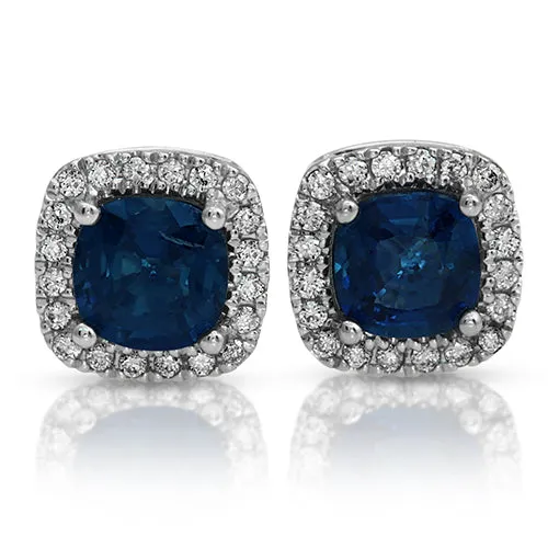 1.42 Ct. Sapphire Cushion Stud Earrings with Round Diamonds on a 14k White Gold Halo Setting