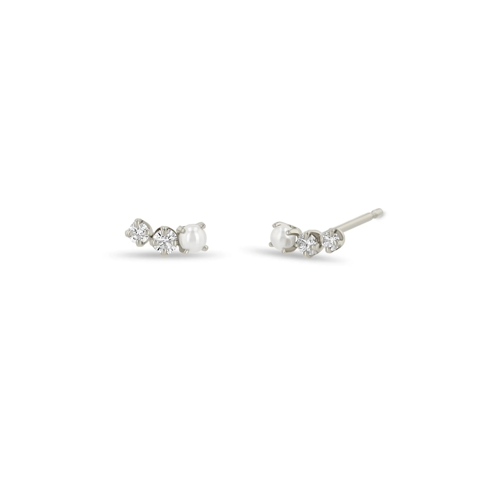 14k 3 Graduated Prong Pearl & Diamond Curve Studs