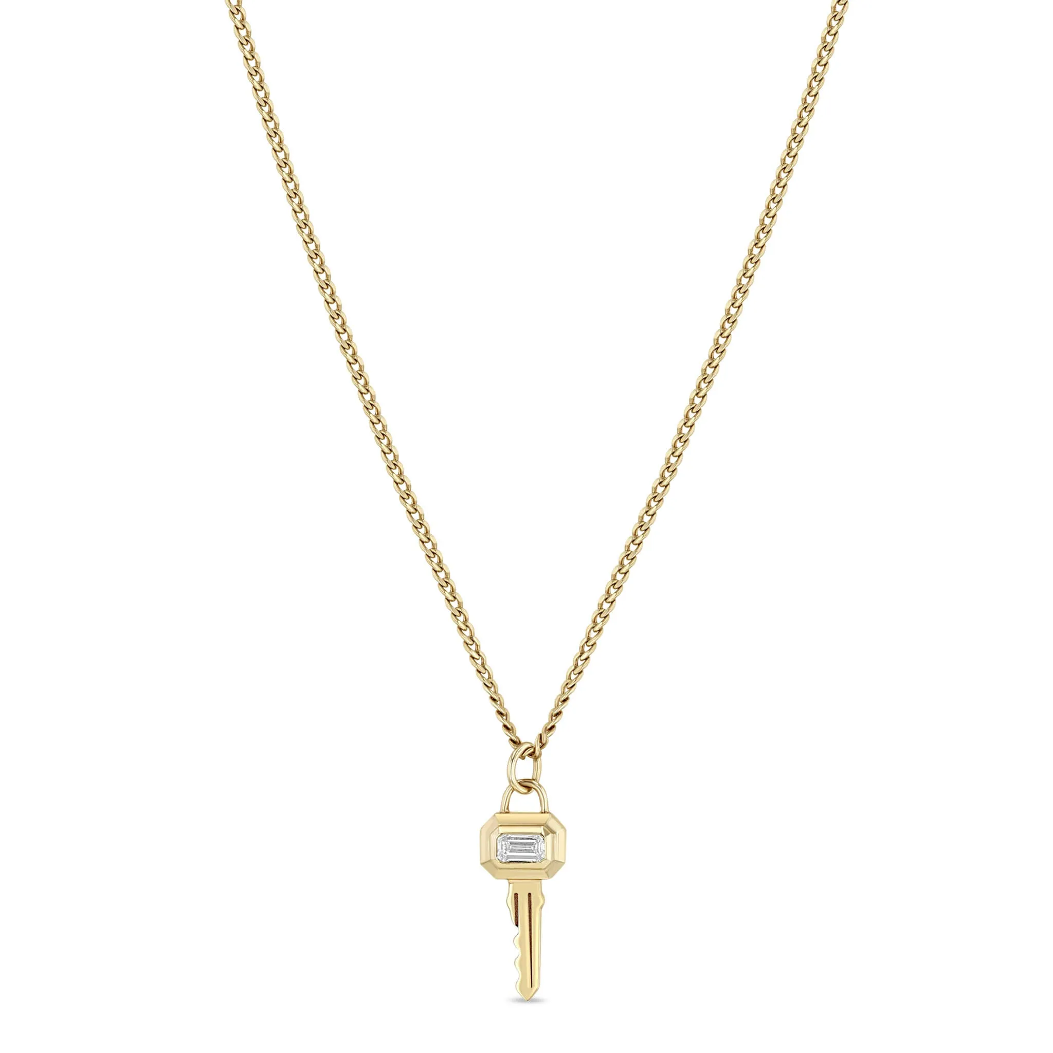 14k Emerald Cut Diamond Bezel Key Pendant Necklace