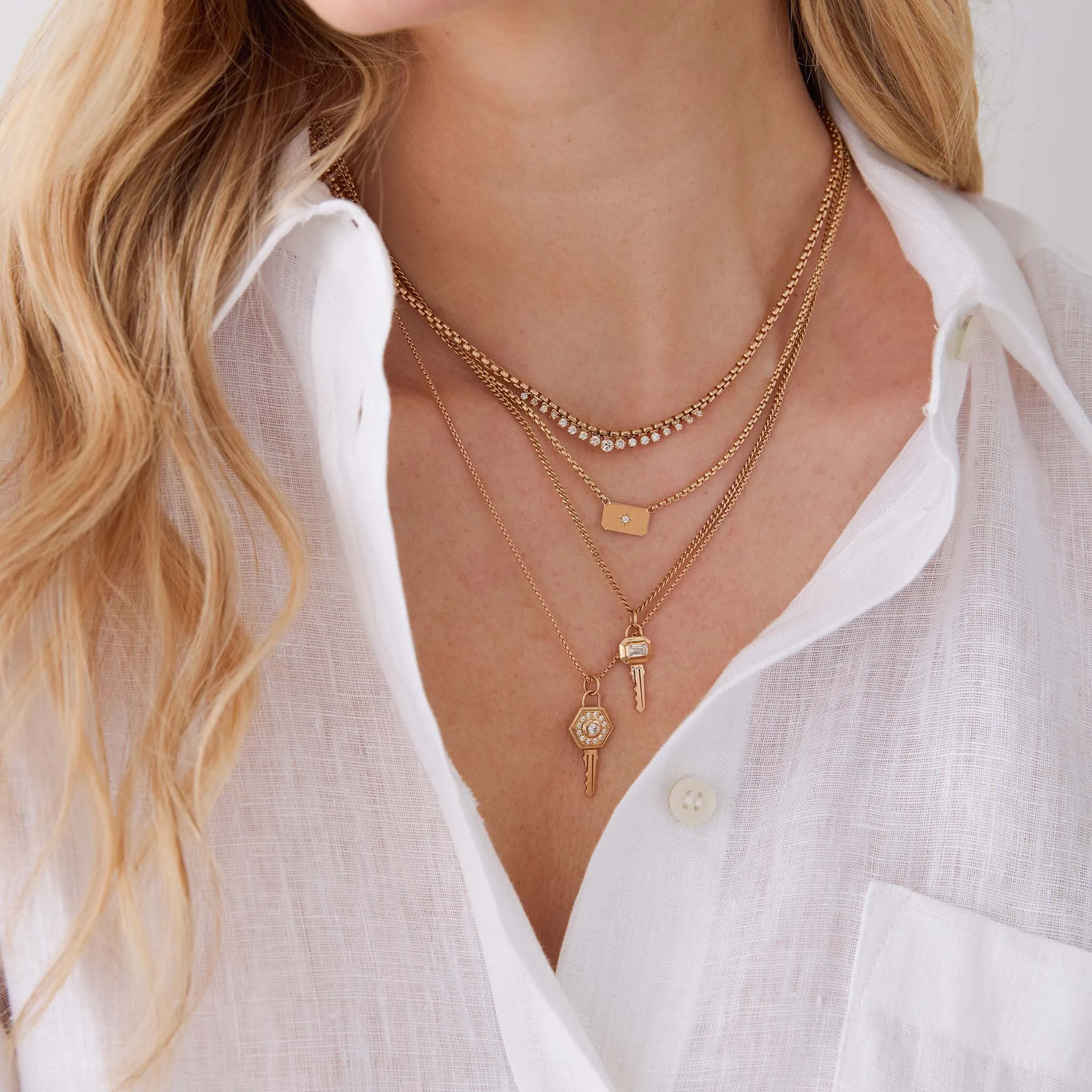 14k Emerald Cut Diamond Bezel Key Pendant Necklace