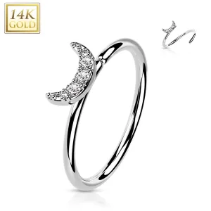 14K Gold CZ Paved Crescent Moon Nose Hoop Ring Ear Cartilage Tragus