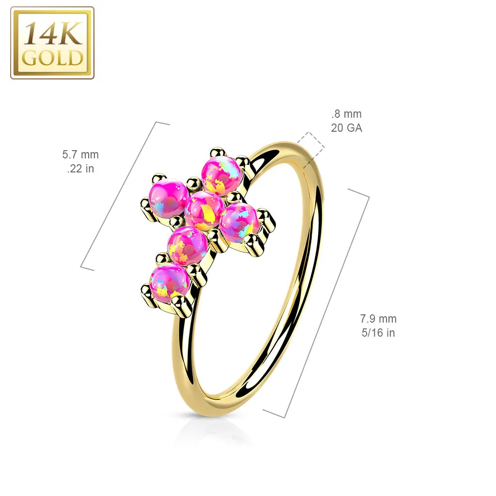 14K Gold Opal or CZ Cross Nose Hoop Ring Ear Cartilage Tragus