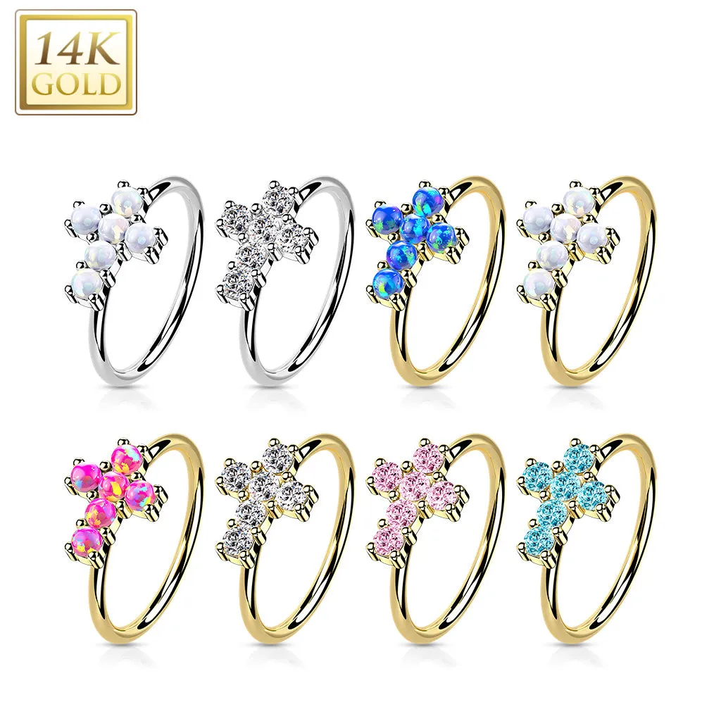 14K Gold Opal or CZ Cross Nose Hoop Ring Ear Cartilage Tragus