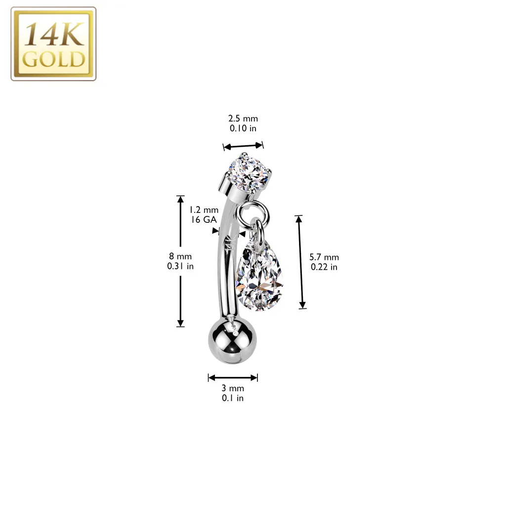 14K Gold Threadless Push In Curved Eyebrow Barbell & Teardrop CZ Dangle