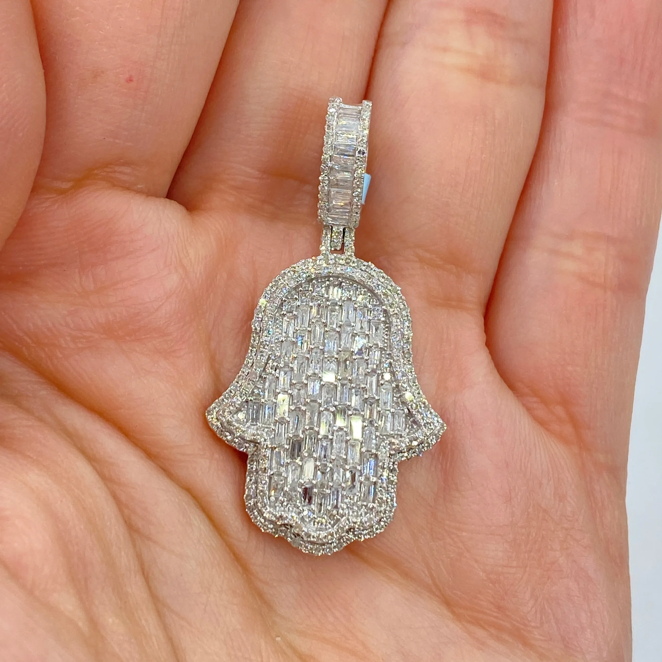 14K Hamsa Emerald Cut Diamond Pendant