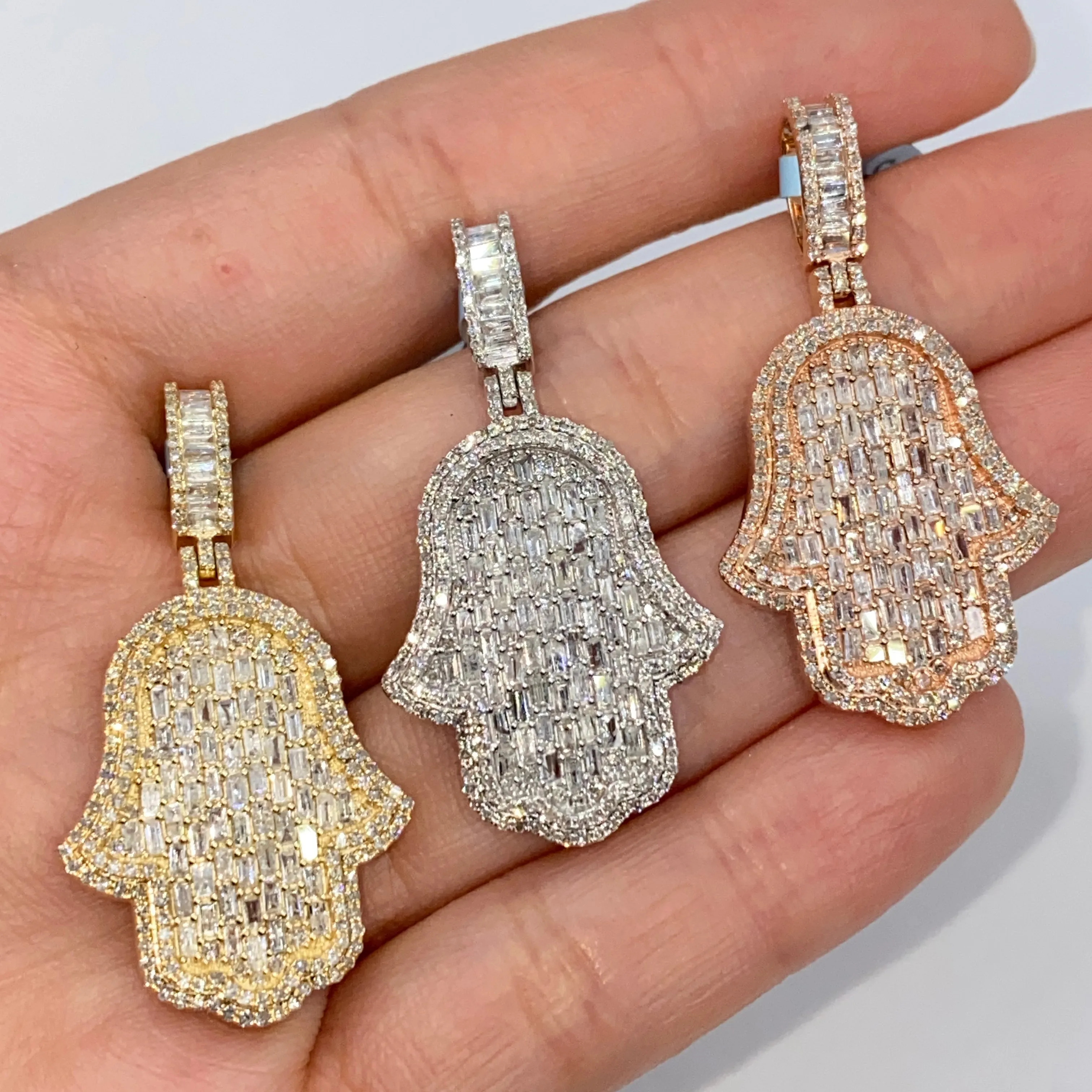 14K Hamsa Emerald Cut Diamond Pendant