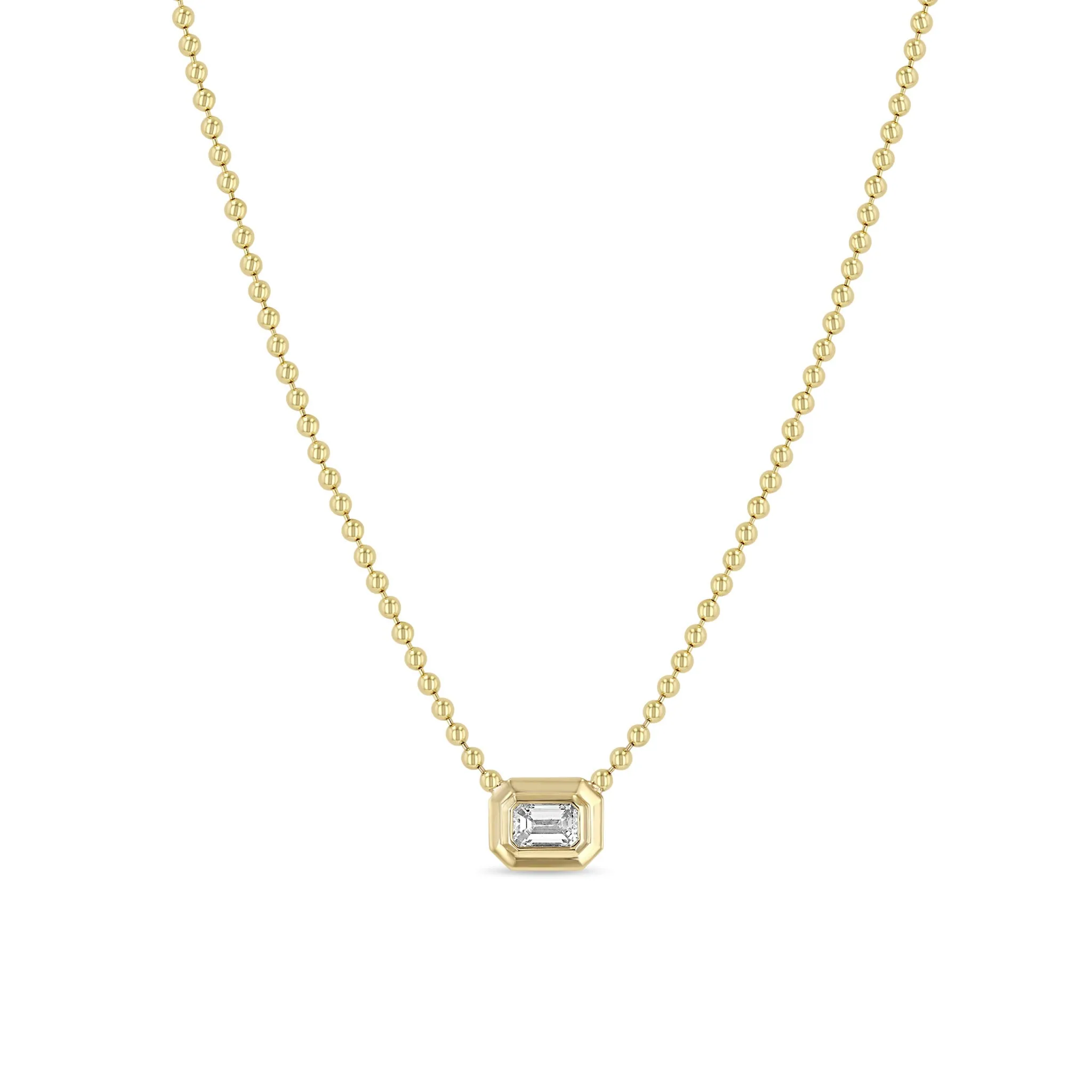 14k Large Emerald Cut Diamond Bezel Bead Chain Necklace