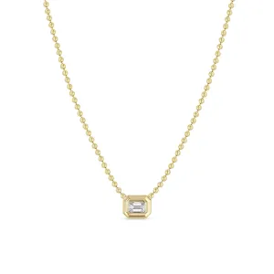 14k Large Emerald Cut Diamond Bezel Bead Chain Necklace
