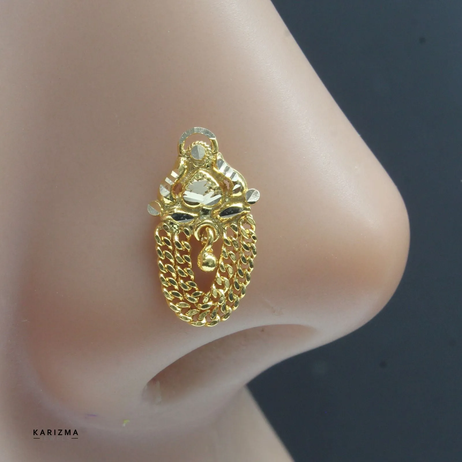 14k Real Gold Indian Bridal Nose Pin Chain Design Women Nose Stud Pin
