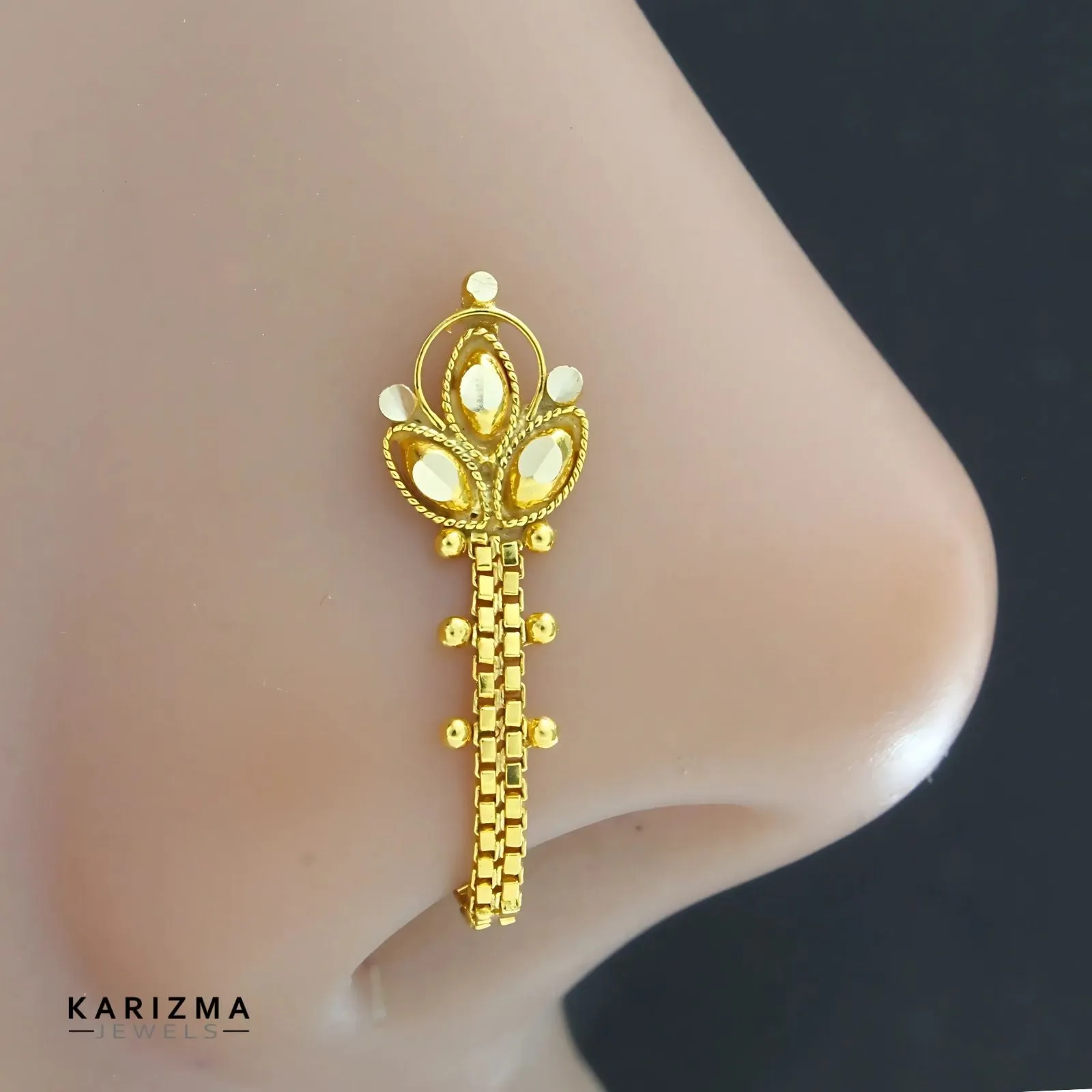 14k Real Gold Indian Chain Style Women Nose Stud Push Pin