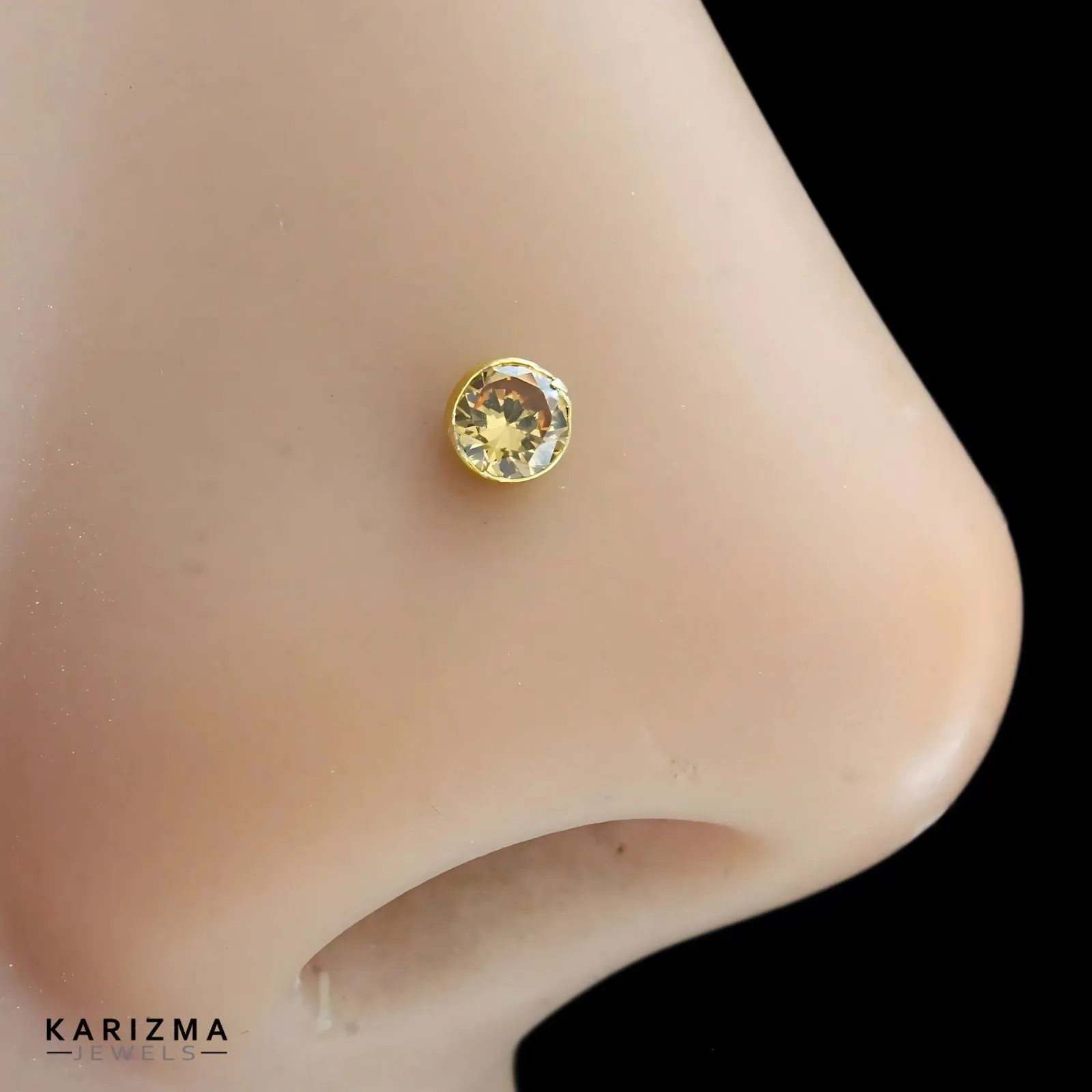 14K Real Gold Indian Women Brown CZ Round Nose stud nose ring Push Pin