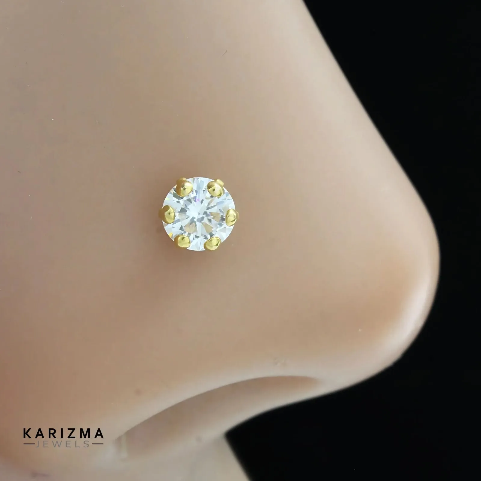 14K Real Gold Indian Women Clear White CZ Screw Round Nose stud nose ring