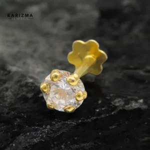 14K Real Gold Indian Women Clear White CZ Screw Round Nose stud nose ring