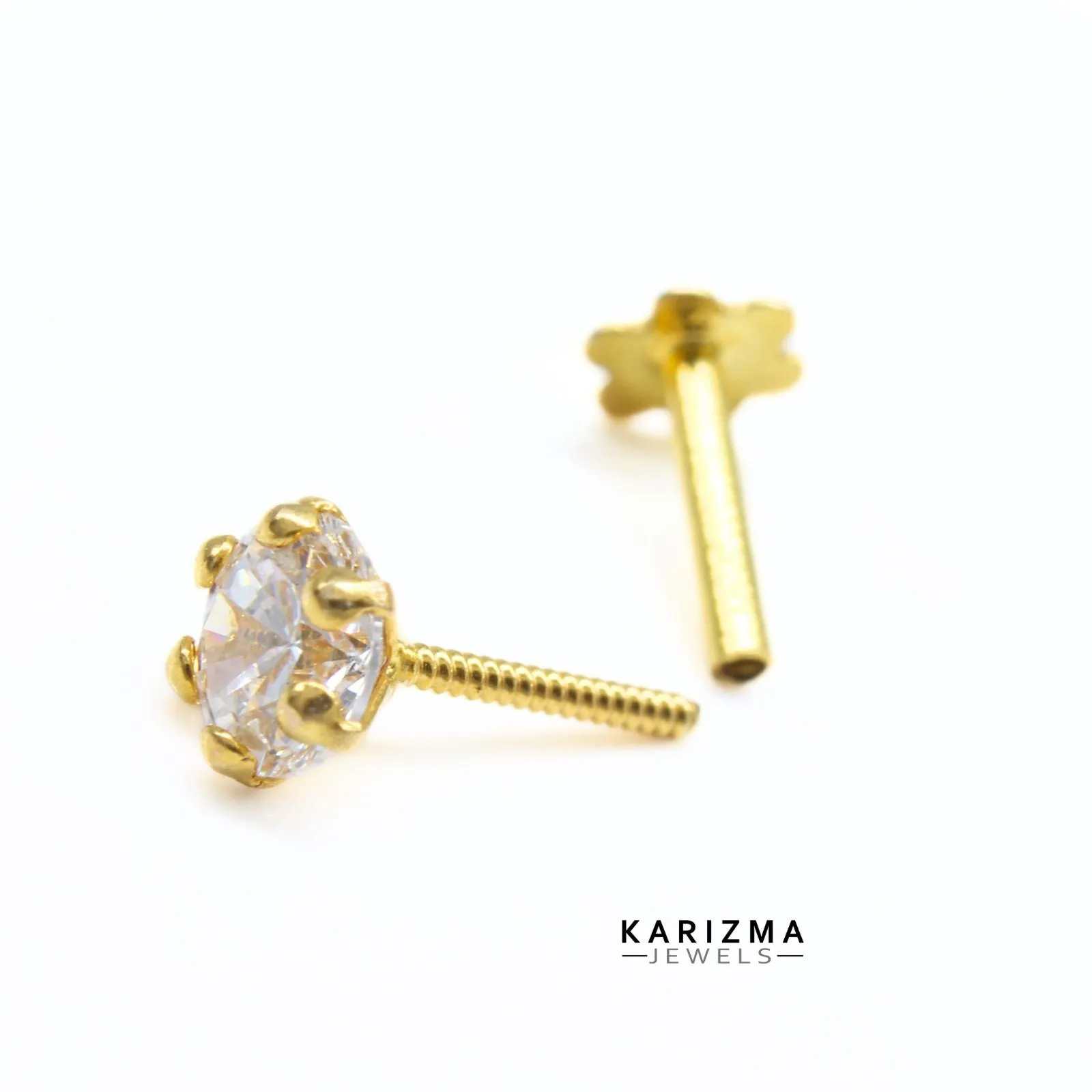 14K Real Gold Indian Women Clear White CZ Screw Round Nose stud nose ring