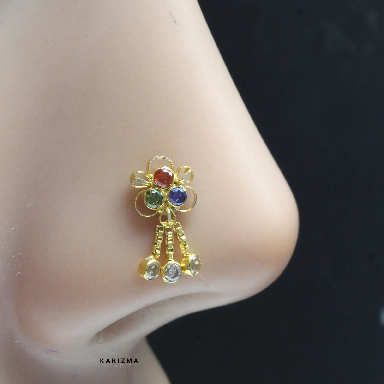 14K Real Gold Nose stud In Dangle Style With Multi-color Stone with Push Pin