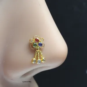 14K Real Gold Nose stud In Dangle Style With Multi-color Stone with Push Pin