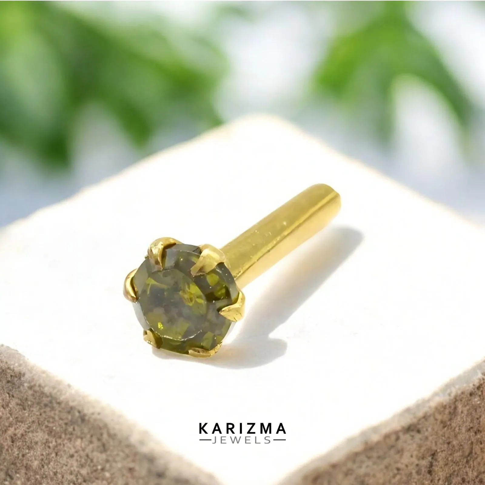 14K Real Gold Women Green  CZ small daily wear Nose stud nose ring Push Pin