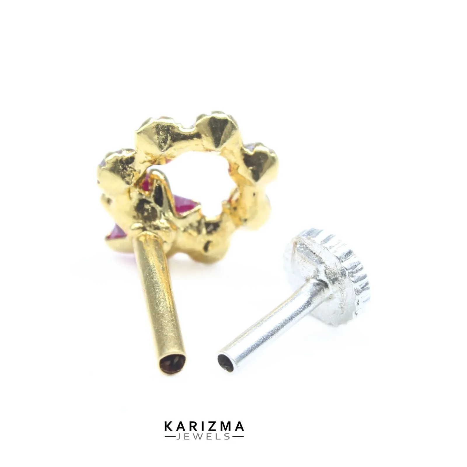 14K Real Gold Women Stylish Pink White CZ  Nose stud nose ring Push Pin