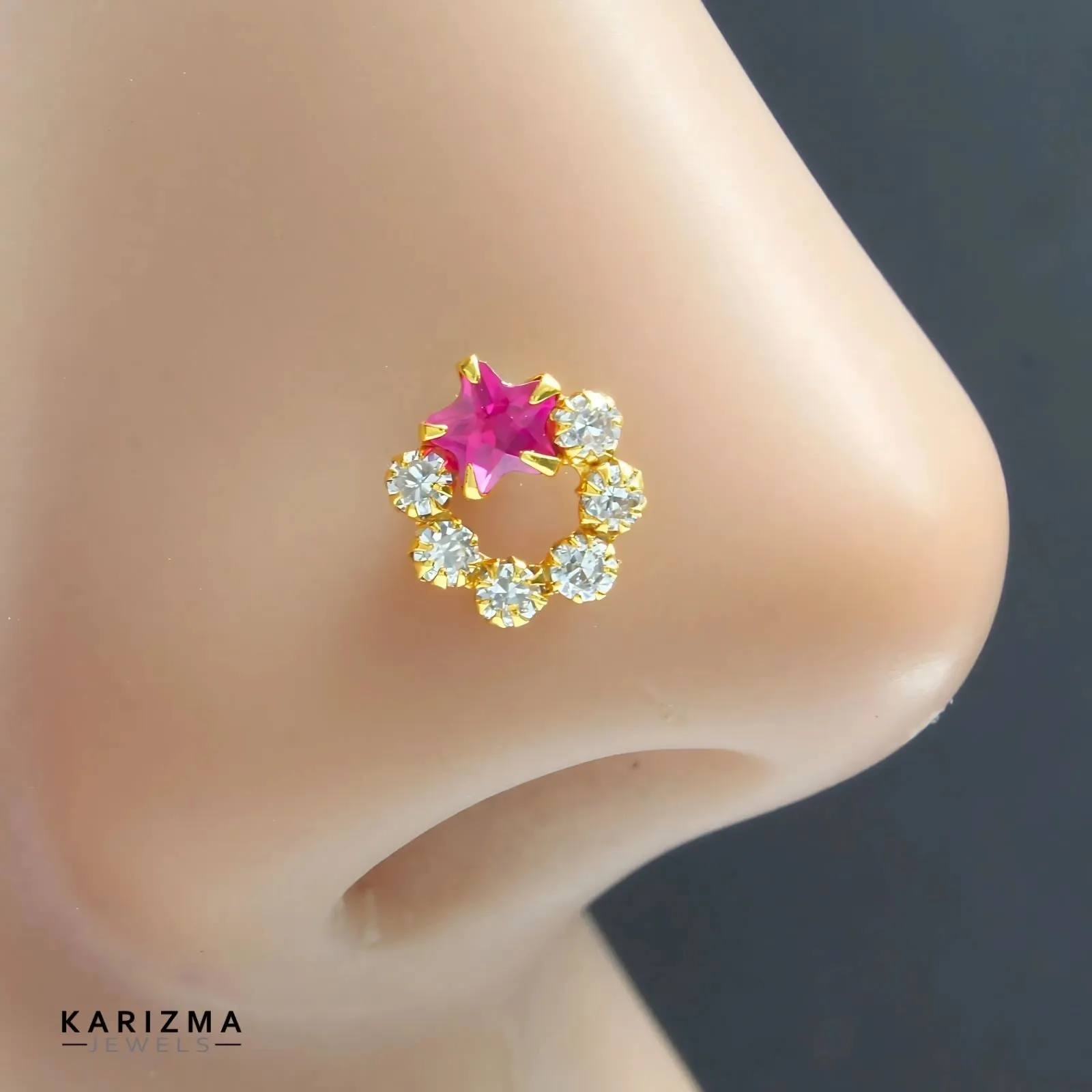 14K Real Gold Women Stylish Pink White CZ  Nose stud nose ring Push Pin