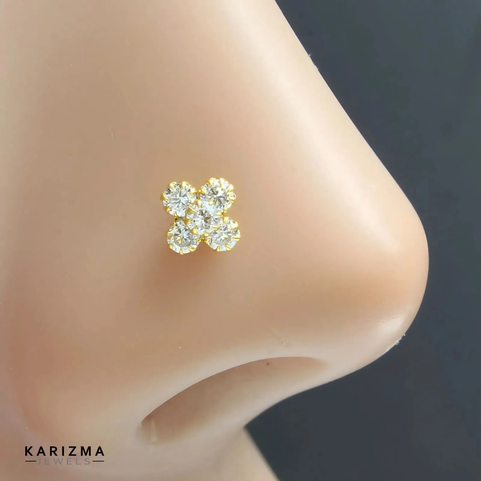 14K Real Gold Women White CZ daily wear Nose stud nose ring Push Pin