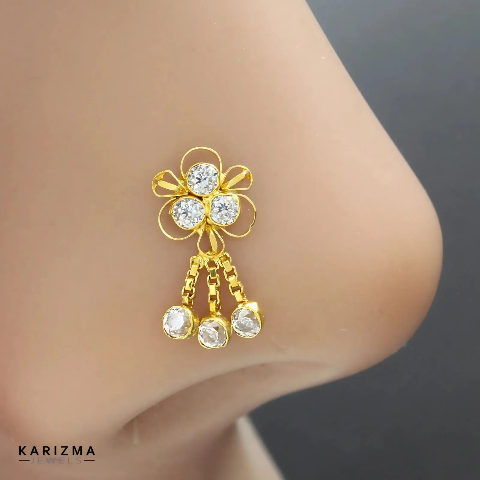 14K Real Gold Women White CZ dangle divine Nose stud nose ring Push Pin