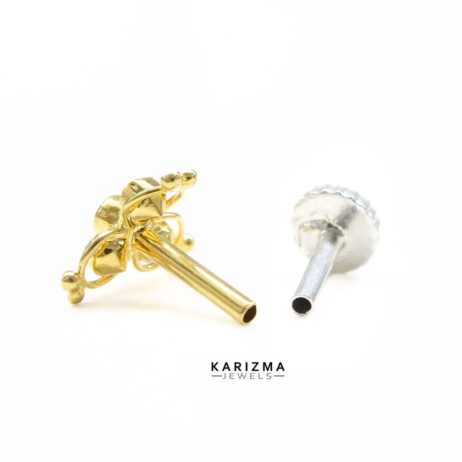 14K Real Gold Women White CZ dangle divine Nose stud nose ring Push Pin