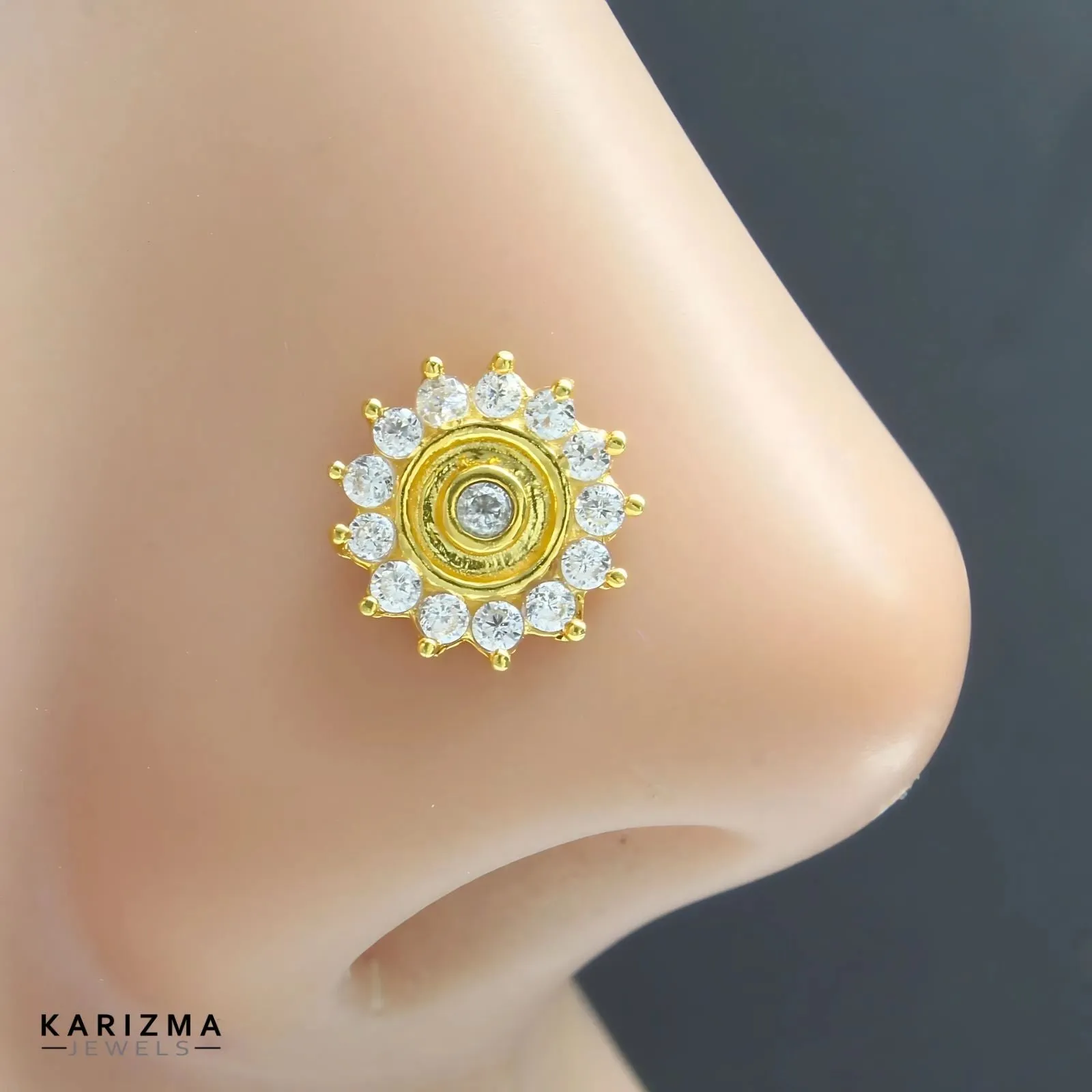 14K Real Gold Women White CZ party wear Nose stud nose ring Push Pin