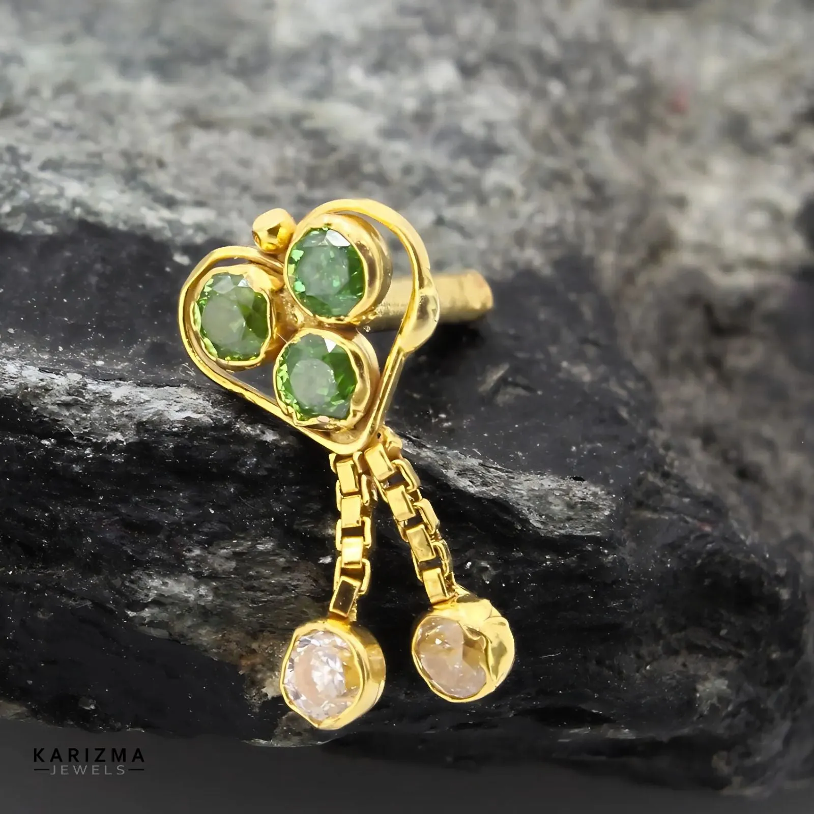 14K Real Solid Gold Indian Women Green White CZ amazing dangle Nose stud nose ring Push Pin