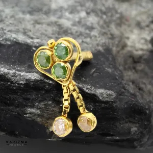 14K Real Solid Gold Indian Women Green White CZ amazing dangle Nose stud nose ring Push Pin