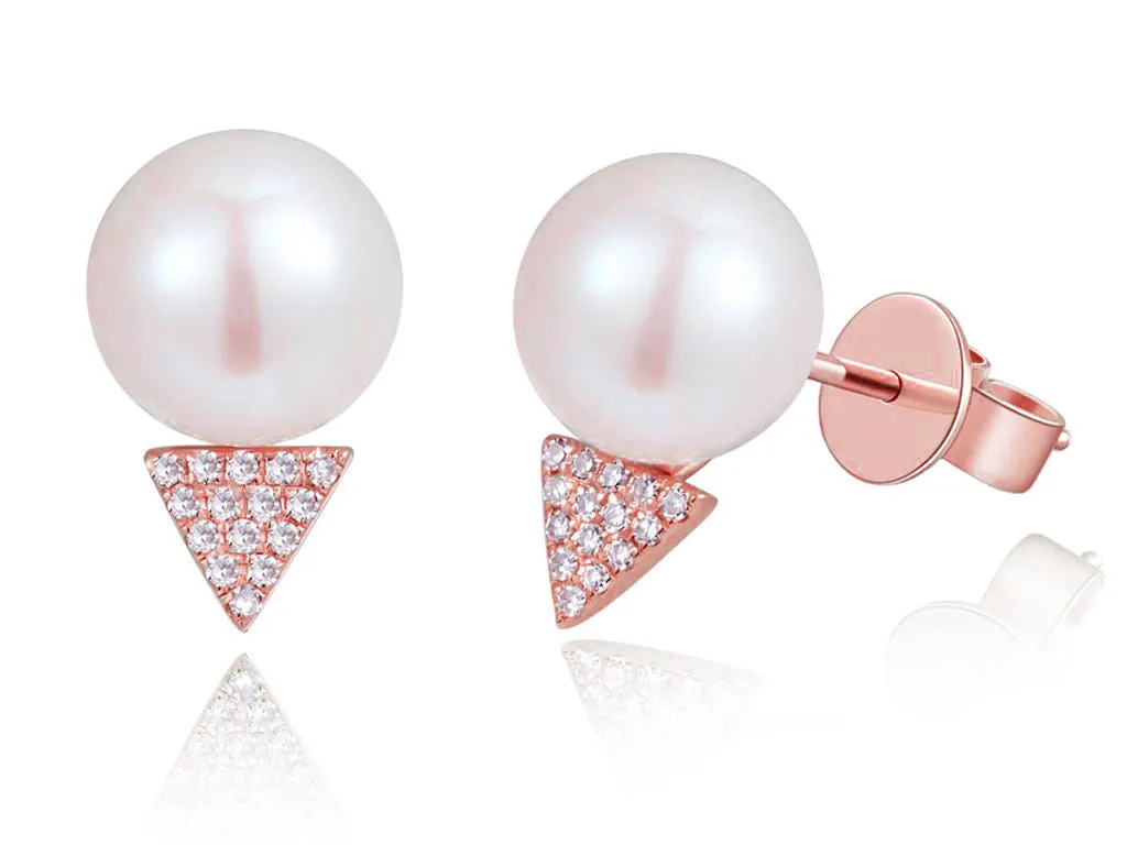 14K Rose Gold Diamond   Pearl Earrings