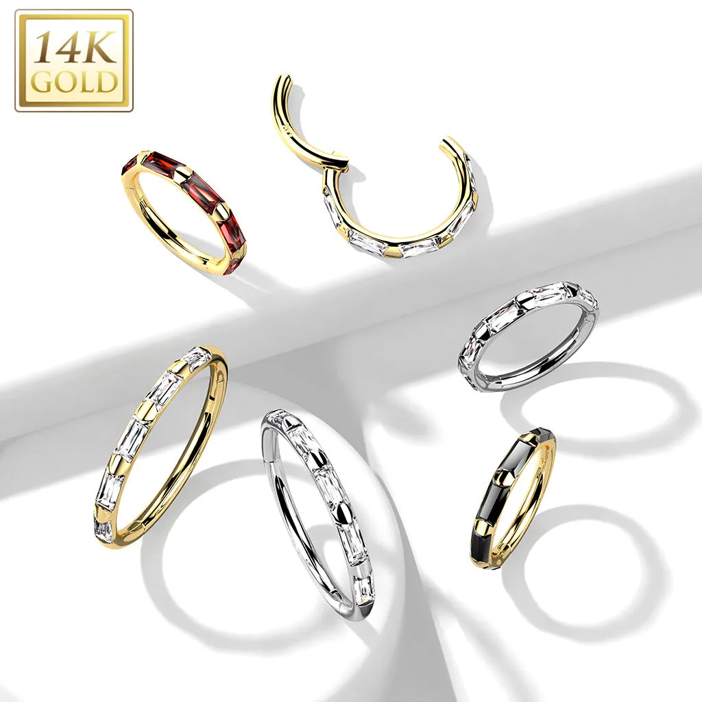 14K Solid Gold Baguette CZ Hinged Segment Hoop Ring Nose Septum Daith