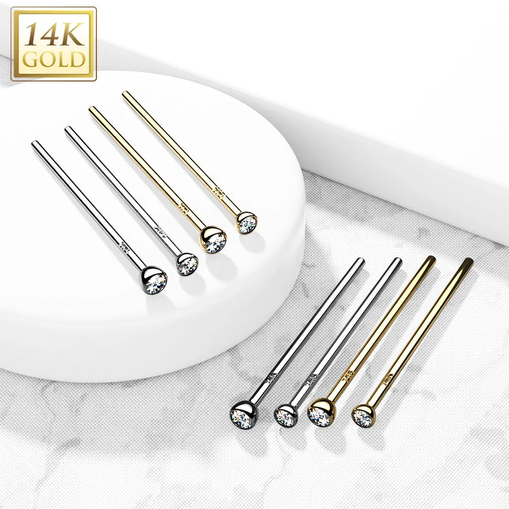 14K Solid Gold Bezel CZ Fishtail Nose Pin Rings Stud