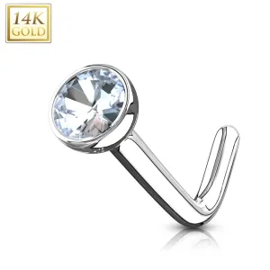 14K Solid Gold Bezel Set CZ Ball L Bend Nose Ring