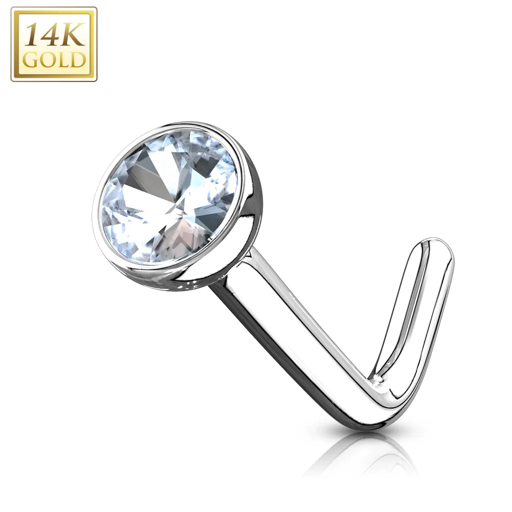 14K Solid Gold Bezel Set CZ Ball L Bend Nose Ring