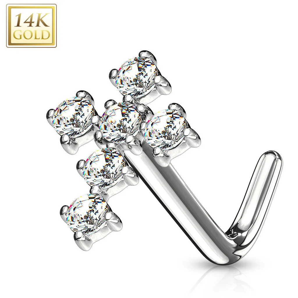 14K Solid Gold CZ Paved Cross Top L Bend Nose Ring