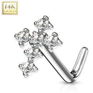14K Solid Gold CZ Paved Cross Top L Bend Nose Ring