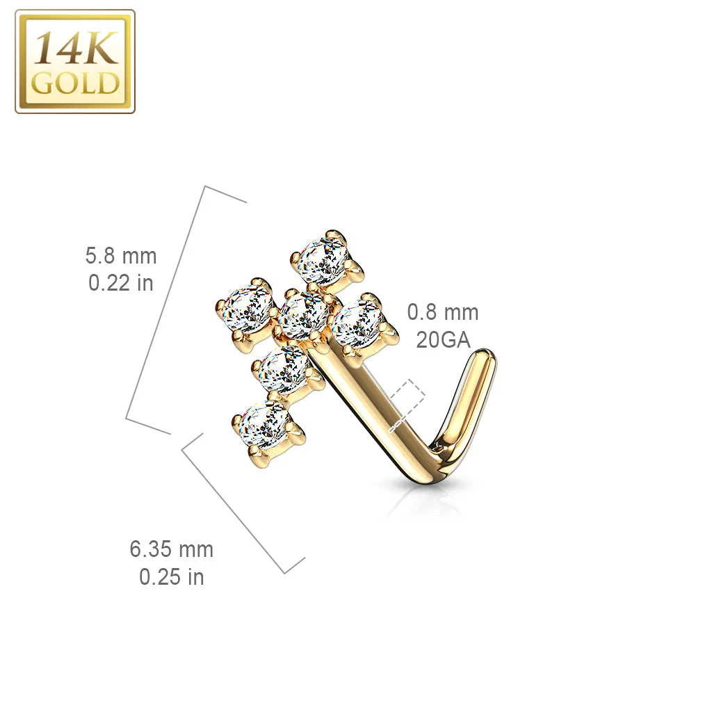14K Solid Gold CZ Paved Cross Top L Bend Nose Ring