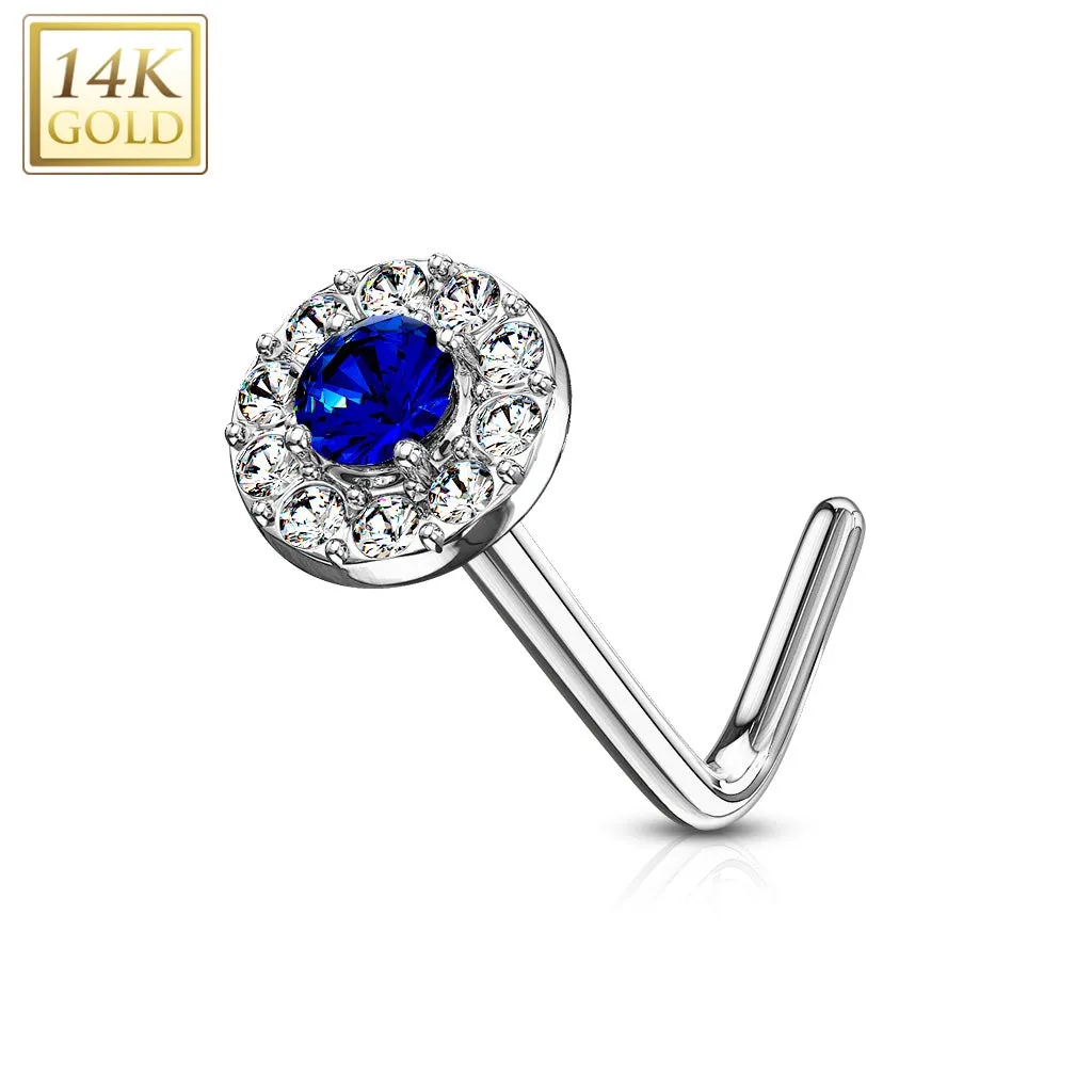 14K Solid Gold CZ Paved Round Top L Bend Nose Stud Ring